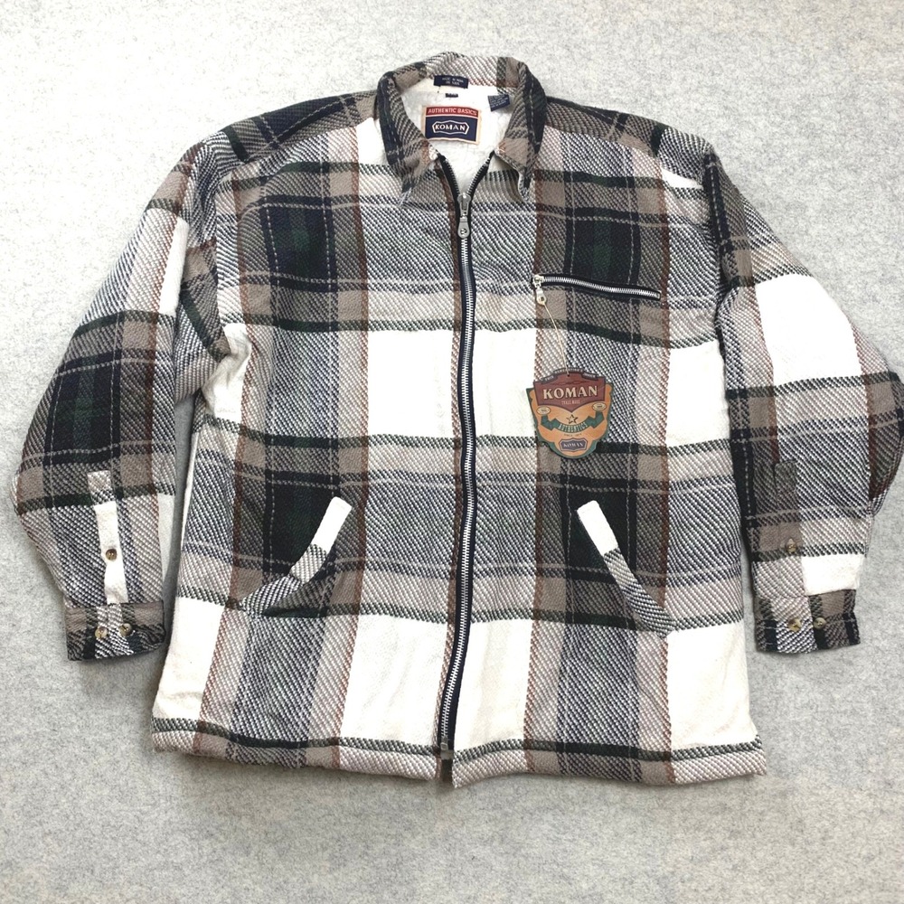 Koman Shirt Jacket Mens XXL Black Khaki Plaid Sherpa Lined Full Zip Cotton‎ 9753